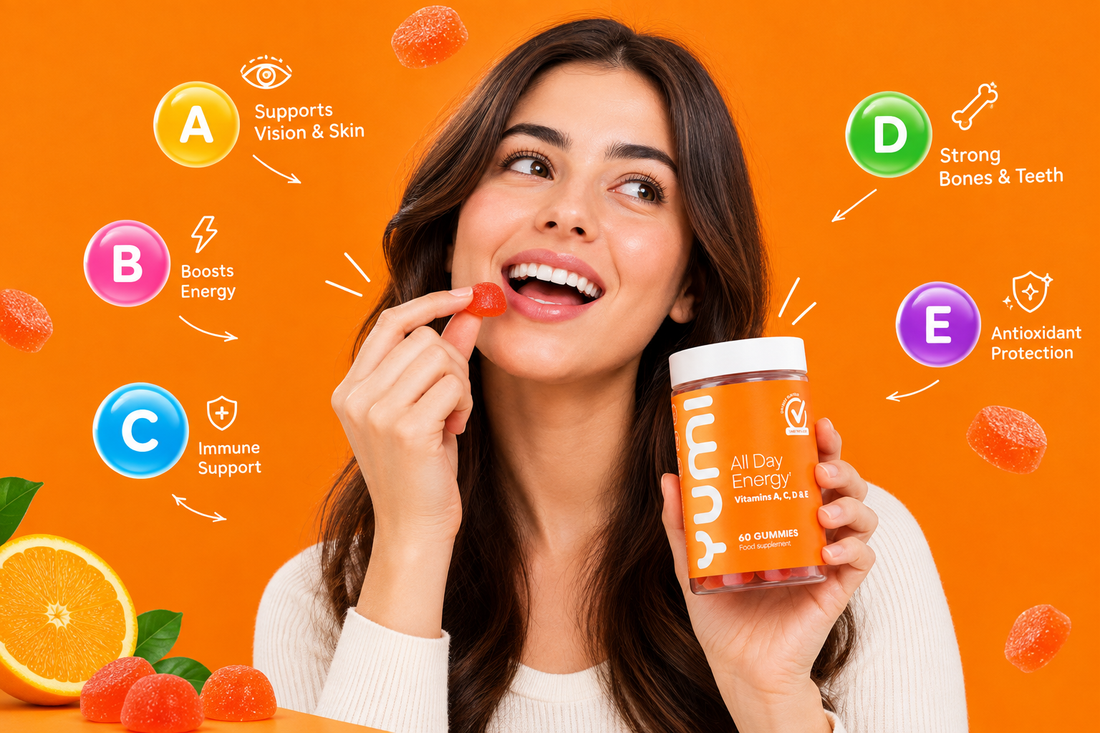 Woman holding vitamin gummies and considering how many to take