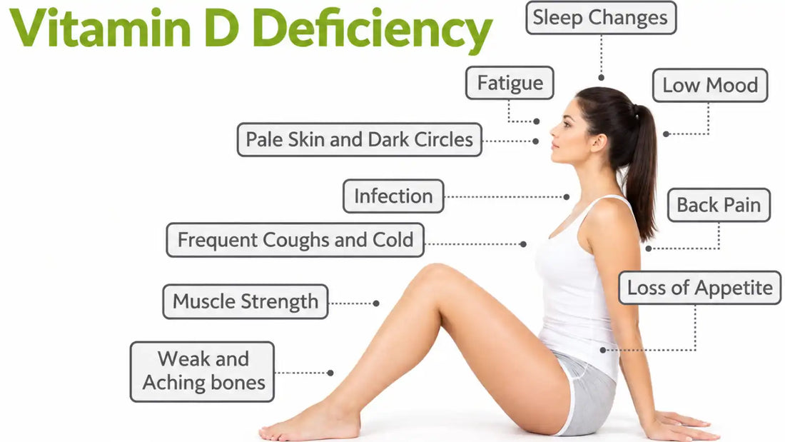 Vitamin D deficiency symptoms infographic with a seated woman and labeled symptoms.