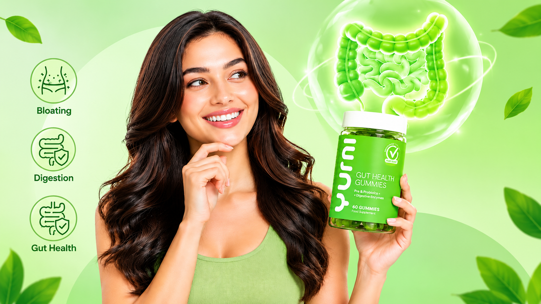 Woman holding gut health gummies for bloating support