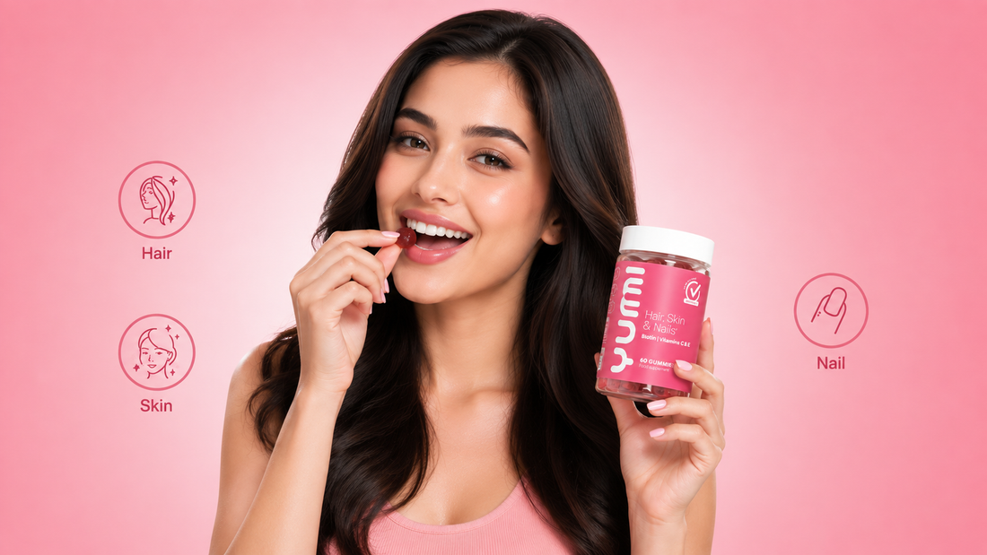 Woman holding hair skin and nails gummies