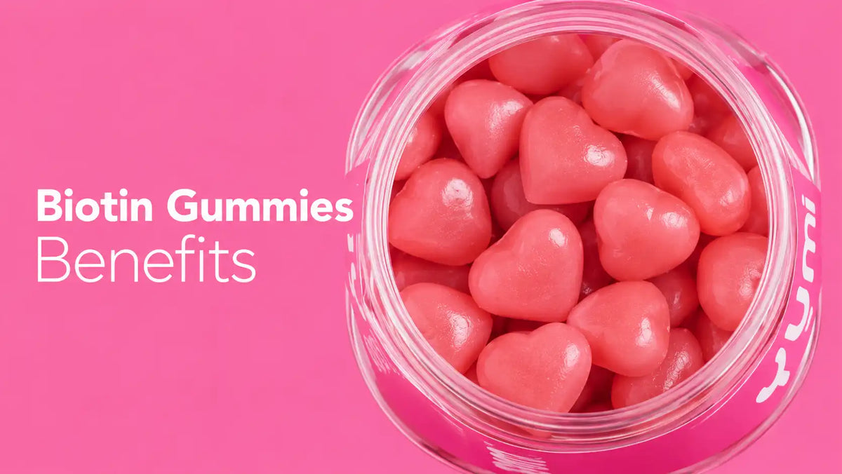 Biotin gummies in an open jar with “Biotin Gummies Benefits” text