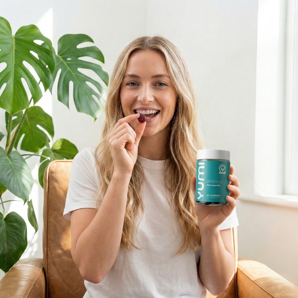Ashwagandha gummies in a terrazzo kitchen setting
