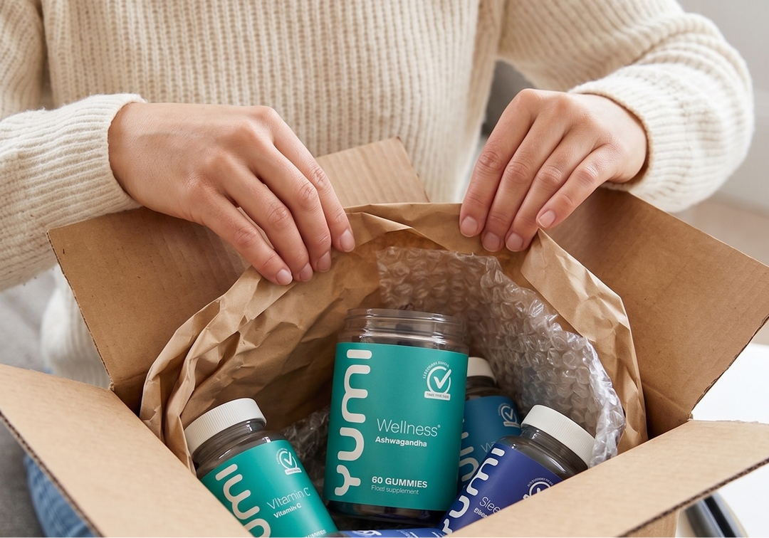Ashwagandha bottle on a dark textured surface