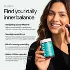 Smiling woman holding Yumi Ashwagandha gummies bottle with text about daily inner balance and mental focus