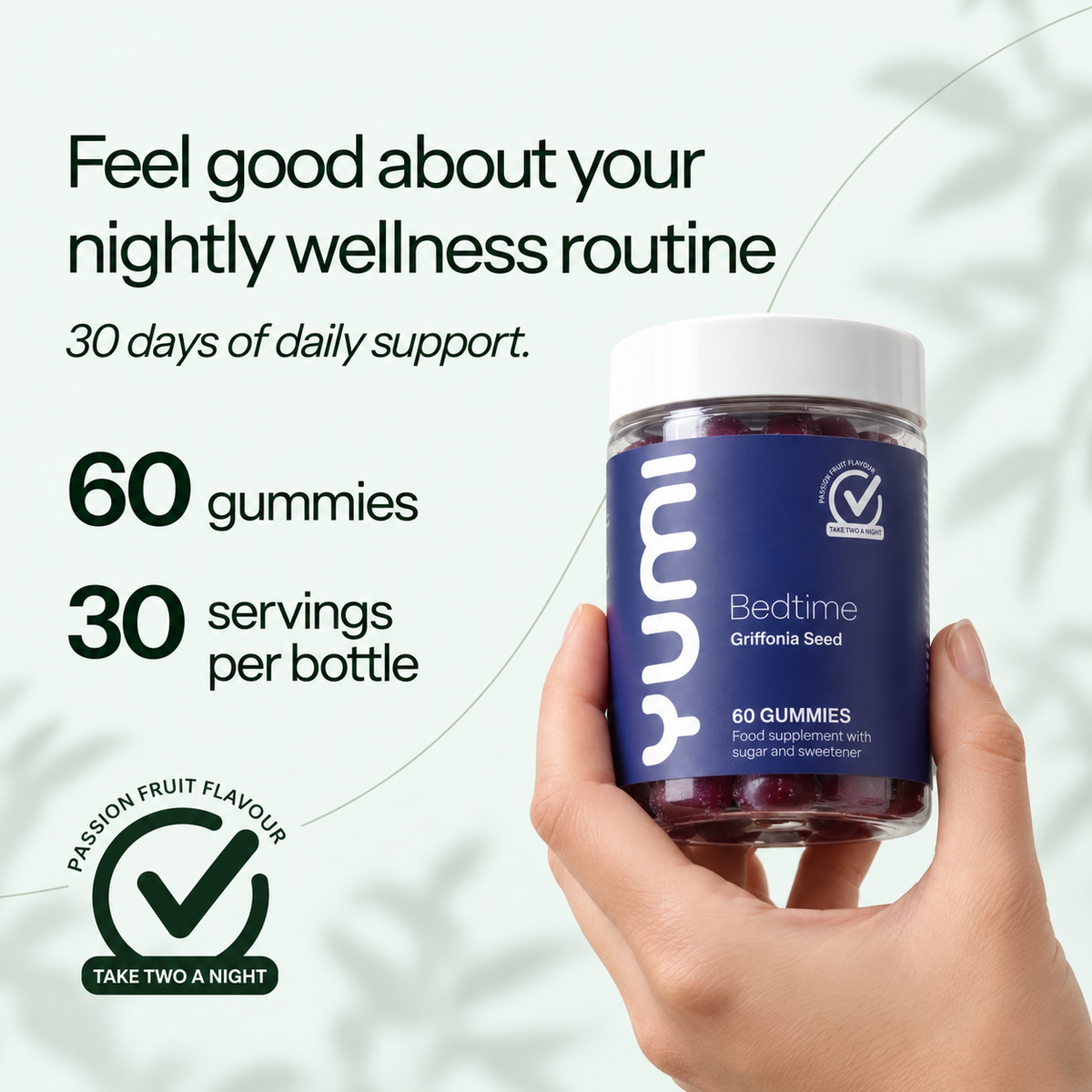 Hand holding Yumi Bedtime gummies bottle showing 60 gummies and 30 servings per bottle