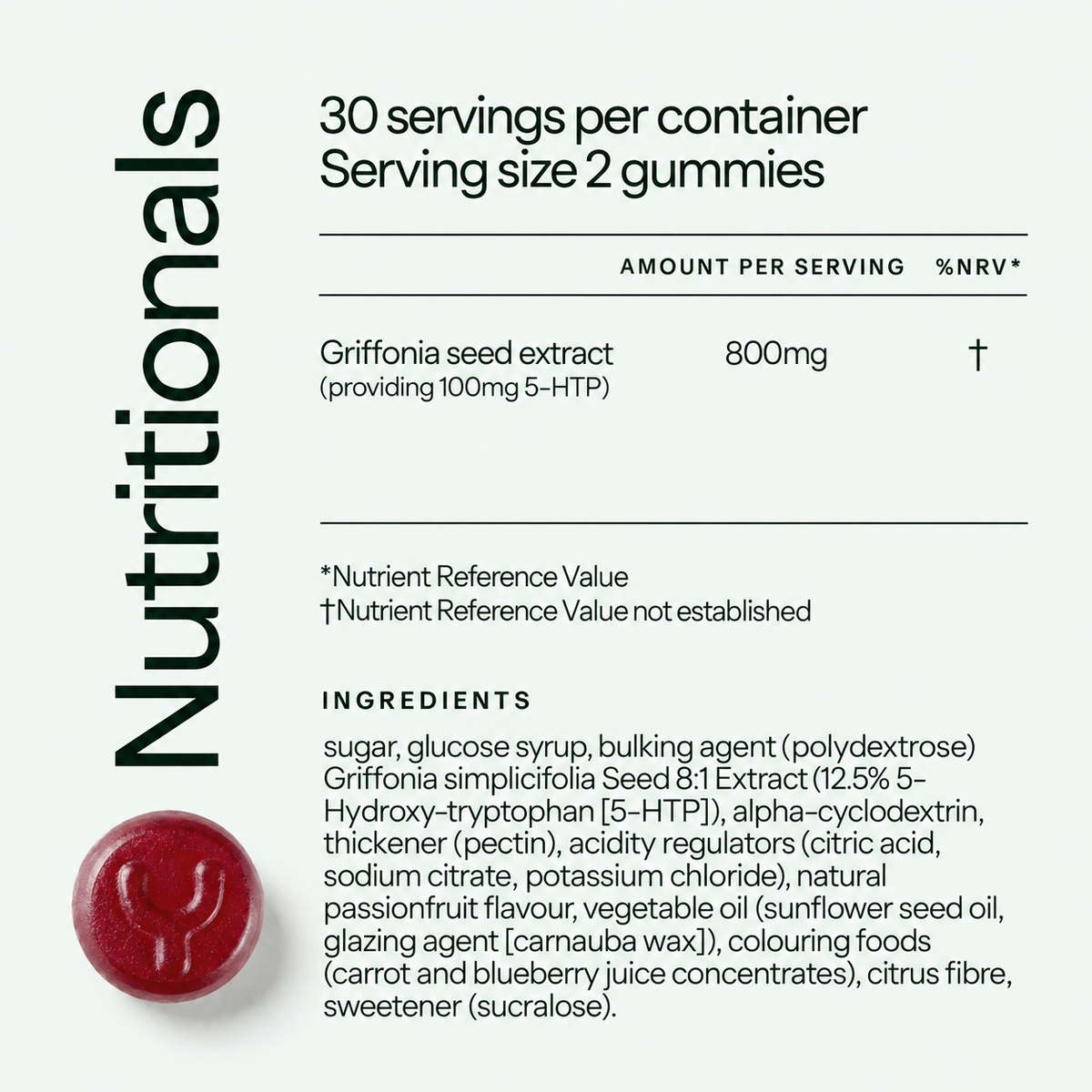 Yumi Bedtime gummies nutritional values label showing 30 servings per container, Griffonia seed extract providing 100mg 5-HTP, and full ingredients list.   