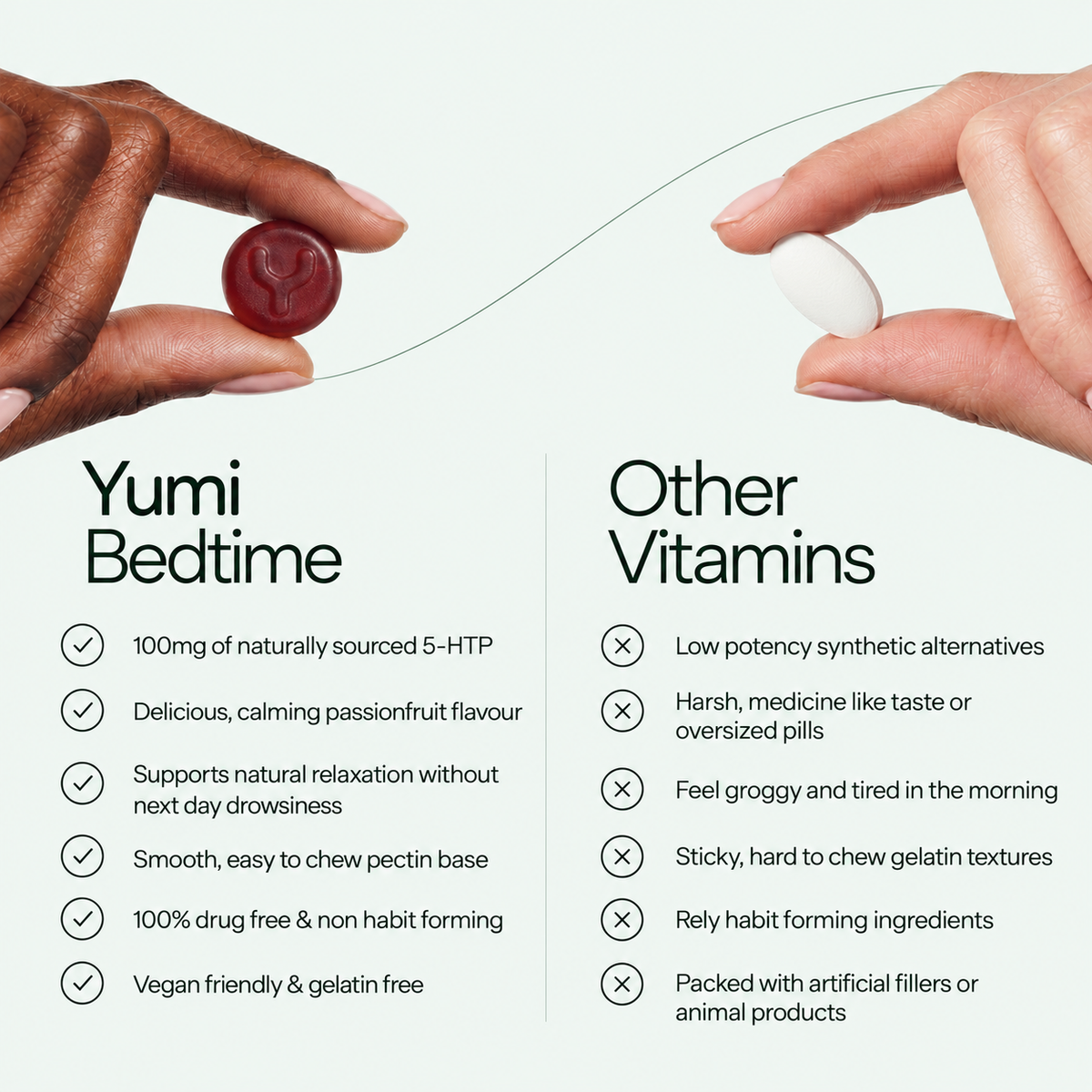 Comparison chart showing the benefits of Yumi Bedtime gummies versus other sleep vitamins.