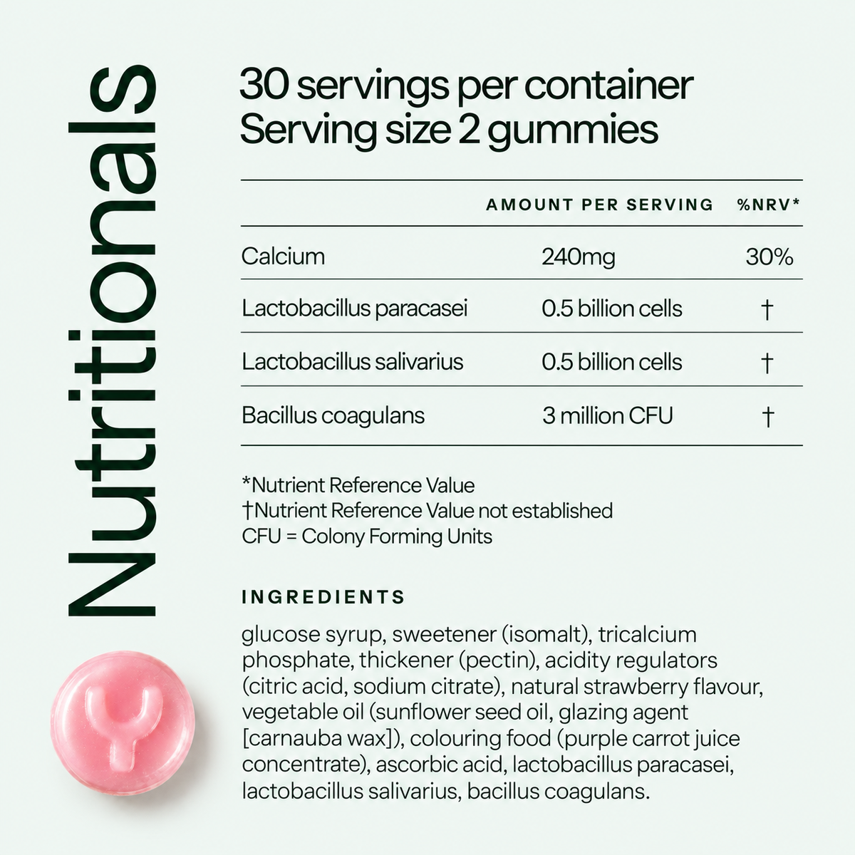 Yumi Gut Health gummies nutritional values label showing 30 servings per container, calcium, live probiotic cultures, and ingredients list