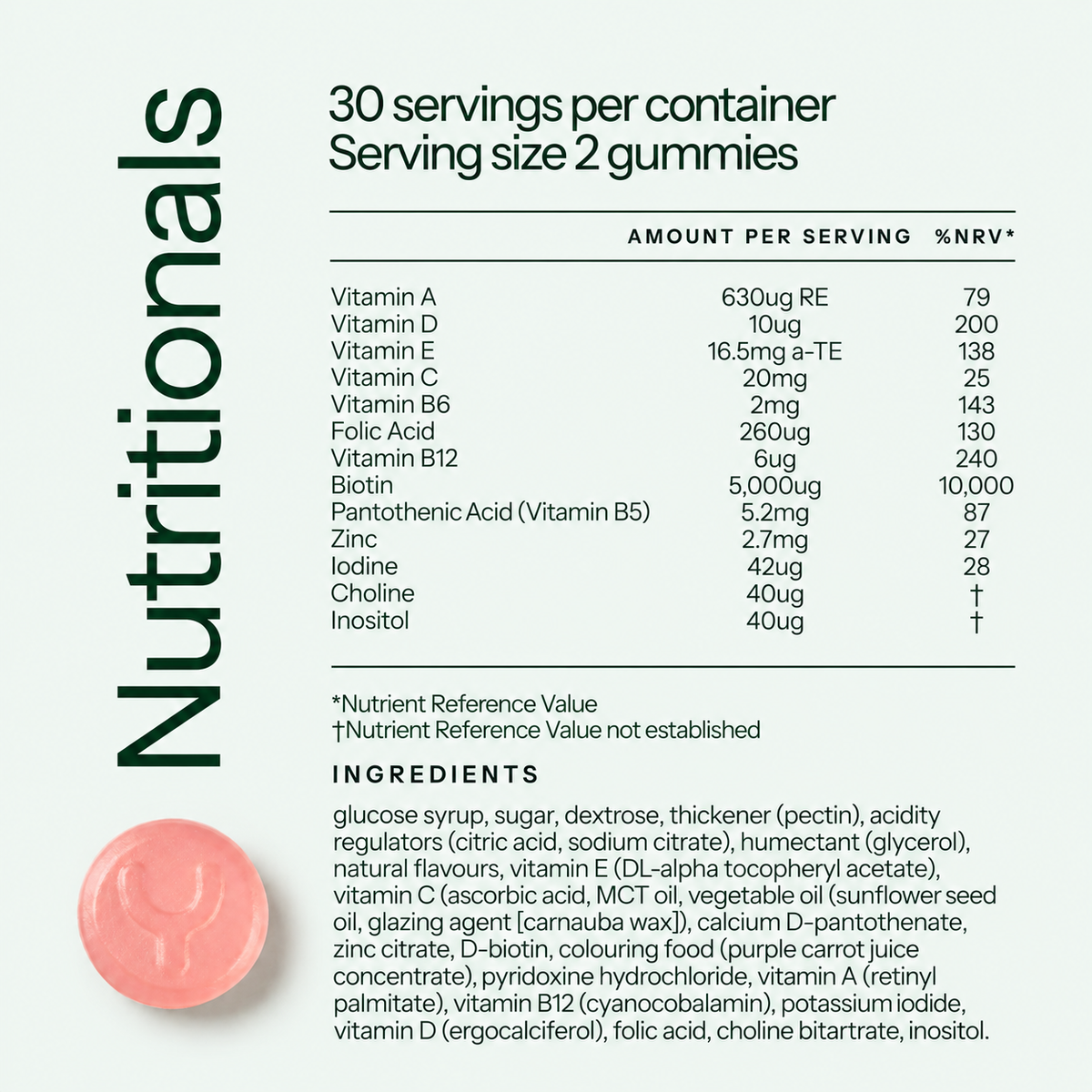 Nutrition facts label for Yumi Hair Skin and Nails gummies showing 30 servings and full vitamin ingredient breakdown
