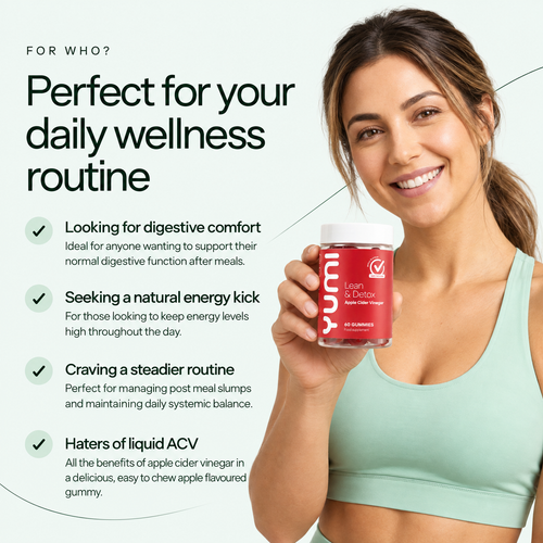 Smiling woman holding a bottle of Yumi Lean and Detox apple cider vinegar gummies for daily wellness