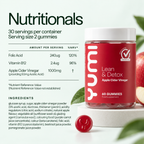 Yumi Lean & Detox apple cider vinegar gummies bottle next to nutritionals label displaying Folic Acid, Vitamin B12, and ACV amounts
