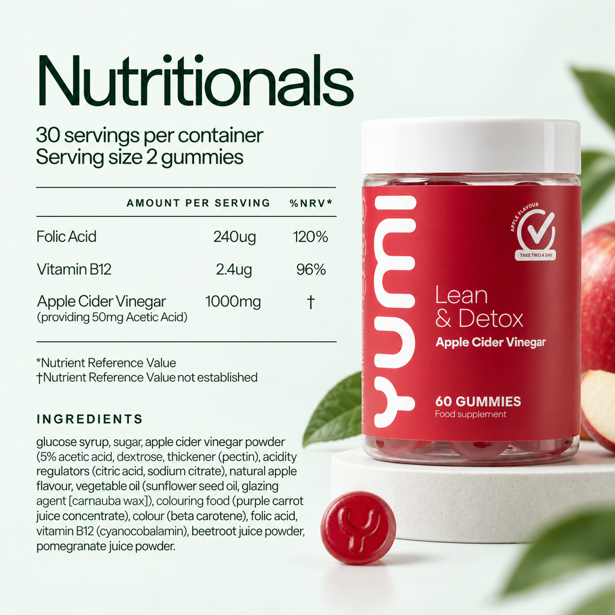 Yumi Lean & Detox apple cider vinegar gummies bottle next to nutritionals label displaying Folic Acid, Vitamin B12, and ACV amounts
