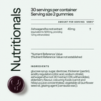 Nutrition facts label for Yumi Ashwagandha root extract gummies showing 30 servings and ingredient details